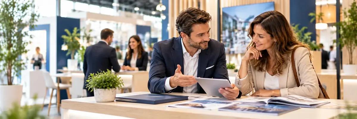 Franchiseur présentant son enseigne à une candidate sur un salon de la franchise